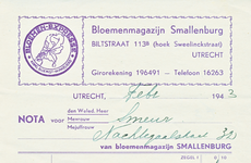 712057 Kop van een nota van F. Smallenburg, Bloemenmagazijn, Biltstraat 113B (hoek Sweelinckstraat) te Utrecht, ten ...